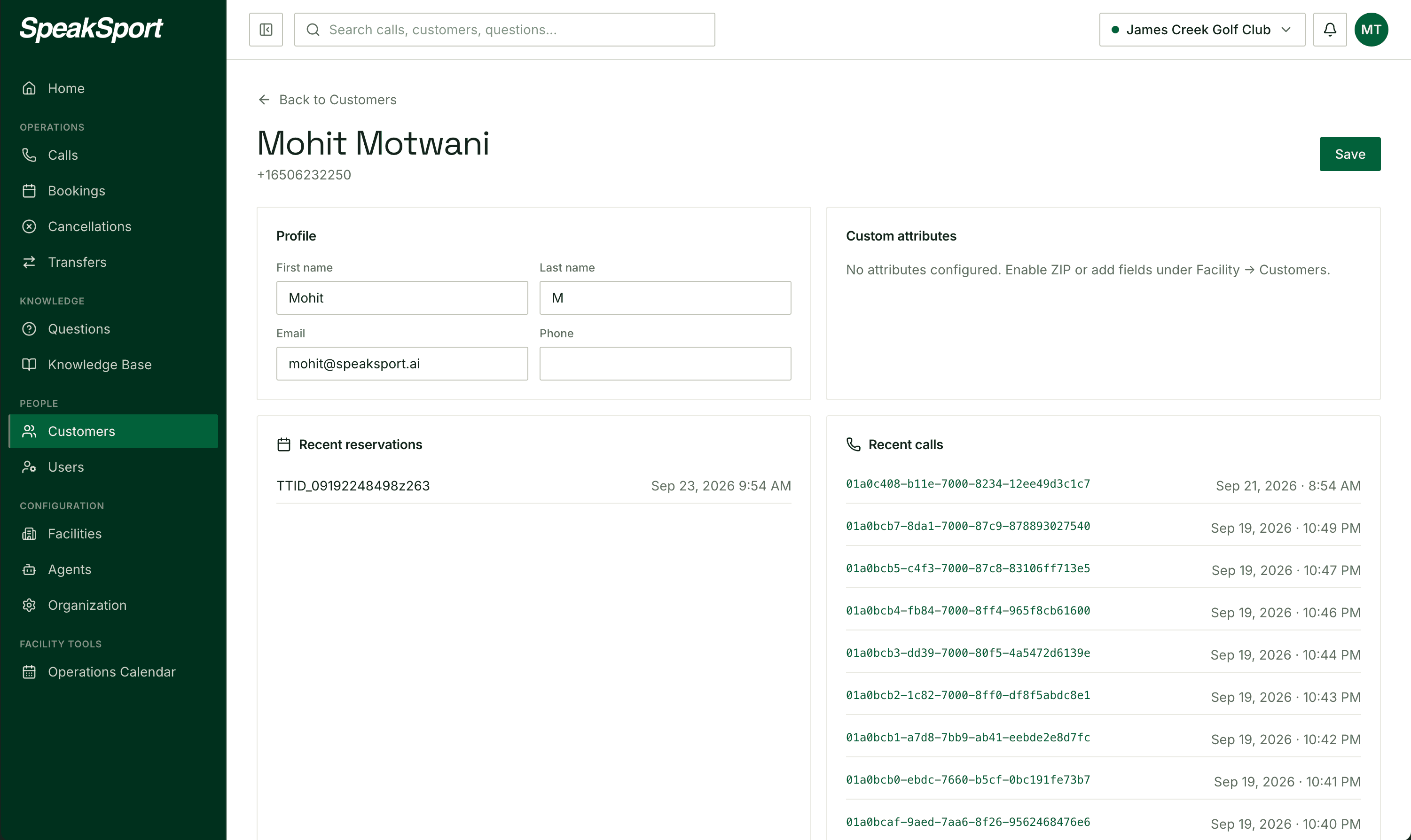 Customer profile with recent reservations and calls