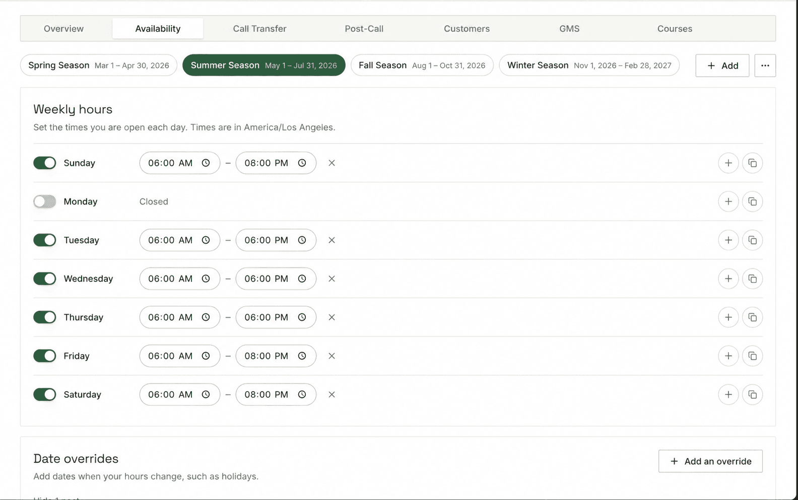 Availability tab showing seasonal date ranges, summer weekly hours, a closed Monday, and date overrides