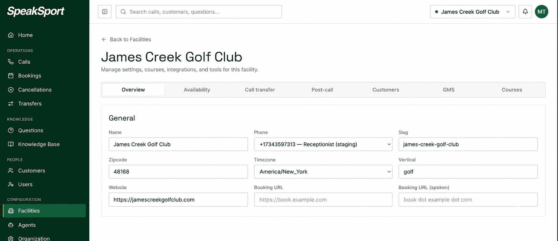 James Creek Golf Club Overview tab showing General settings and the Availability tab